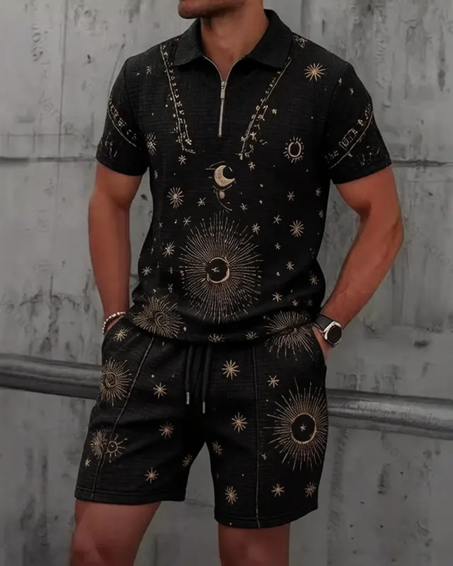 Men's Summer Outdoor Fashion Hippie Star and Moon Embroidered Top and Shorts Two-Piece Set 1230