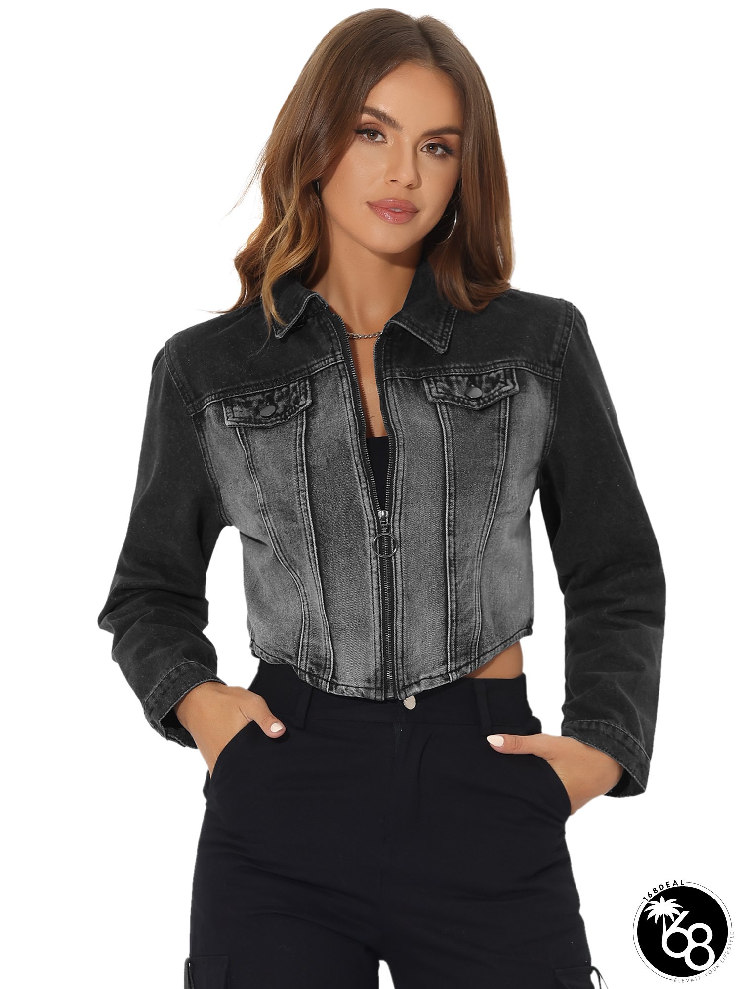 Casual Denim Jacket for Women&lsquo;s Zip Up Washed Jean Asymmetry Cropped Jackets | 168DEAL