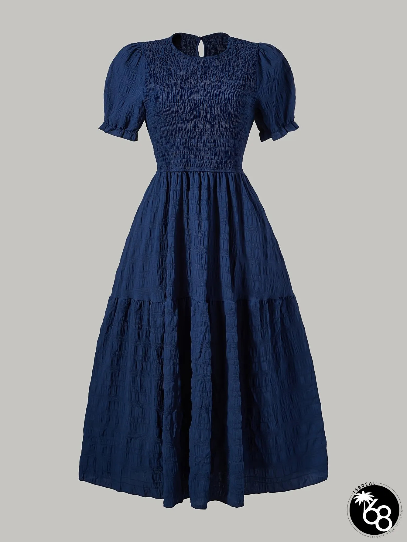 Navy Womens Short Sleeve Dress Puff Sleeves Ruched Bodice Flared Skirt Machine Washable | 168DEAL