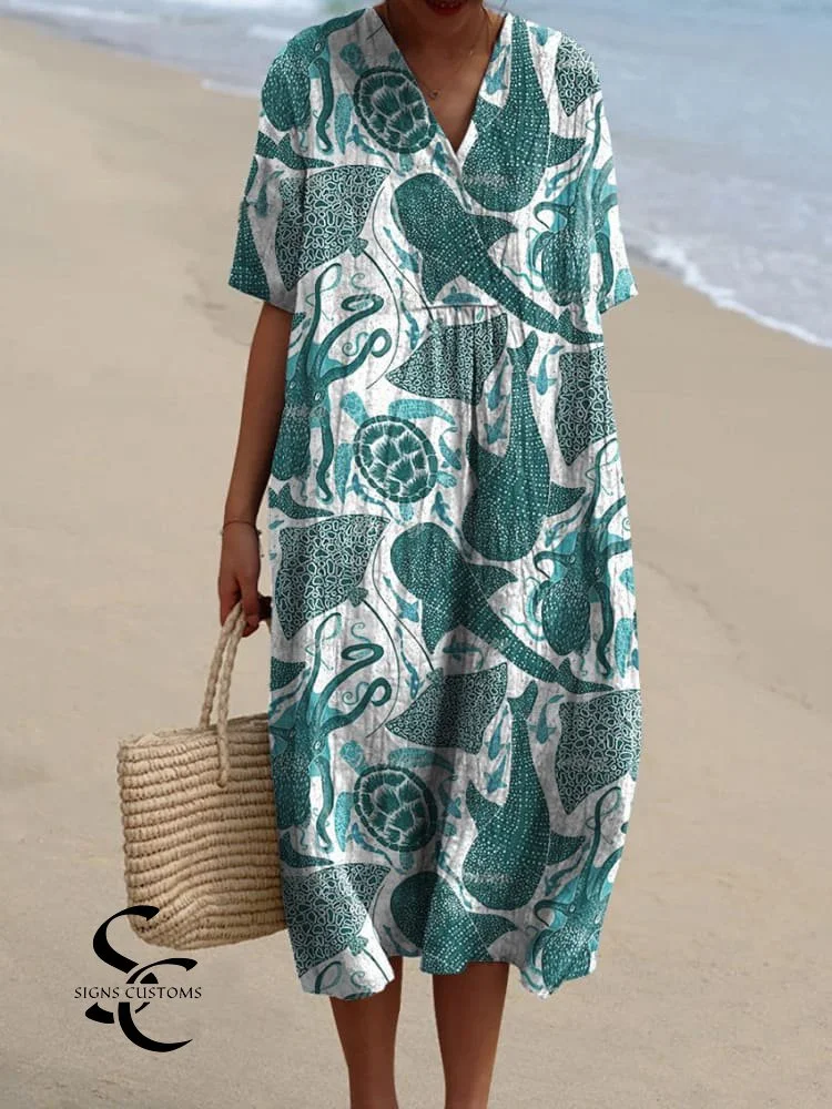 Vibrant Sea Life Pattern Print Women's Flowy Dress