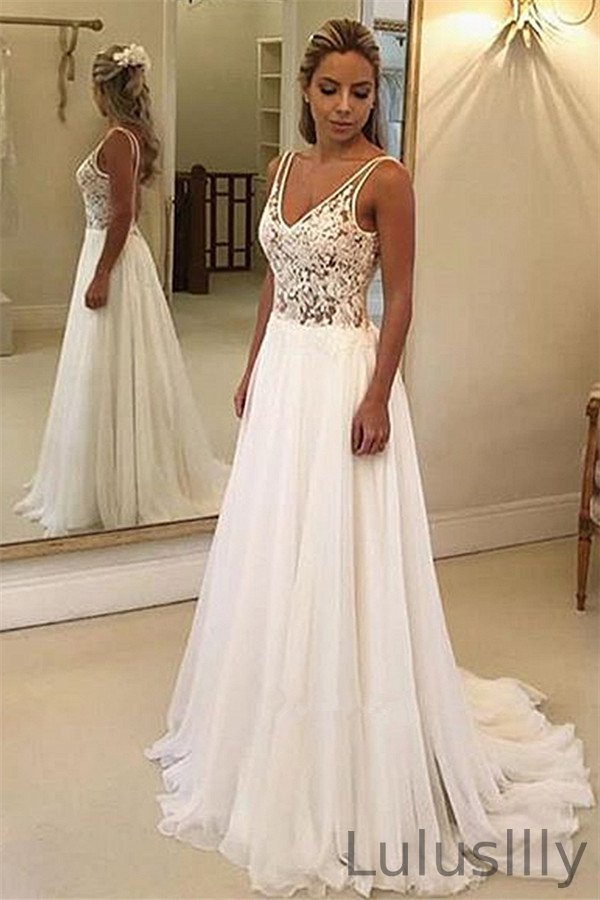 Classic Sleeveless Lace Chiffon Beach Bridal Dress Long Wedding Reception Dress - lulusllly
