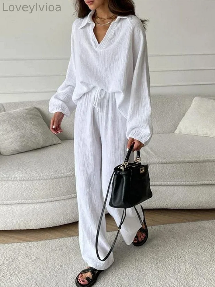 Women's Solid Half Placket Top & Drawstring Slant Pocket Pants Set