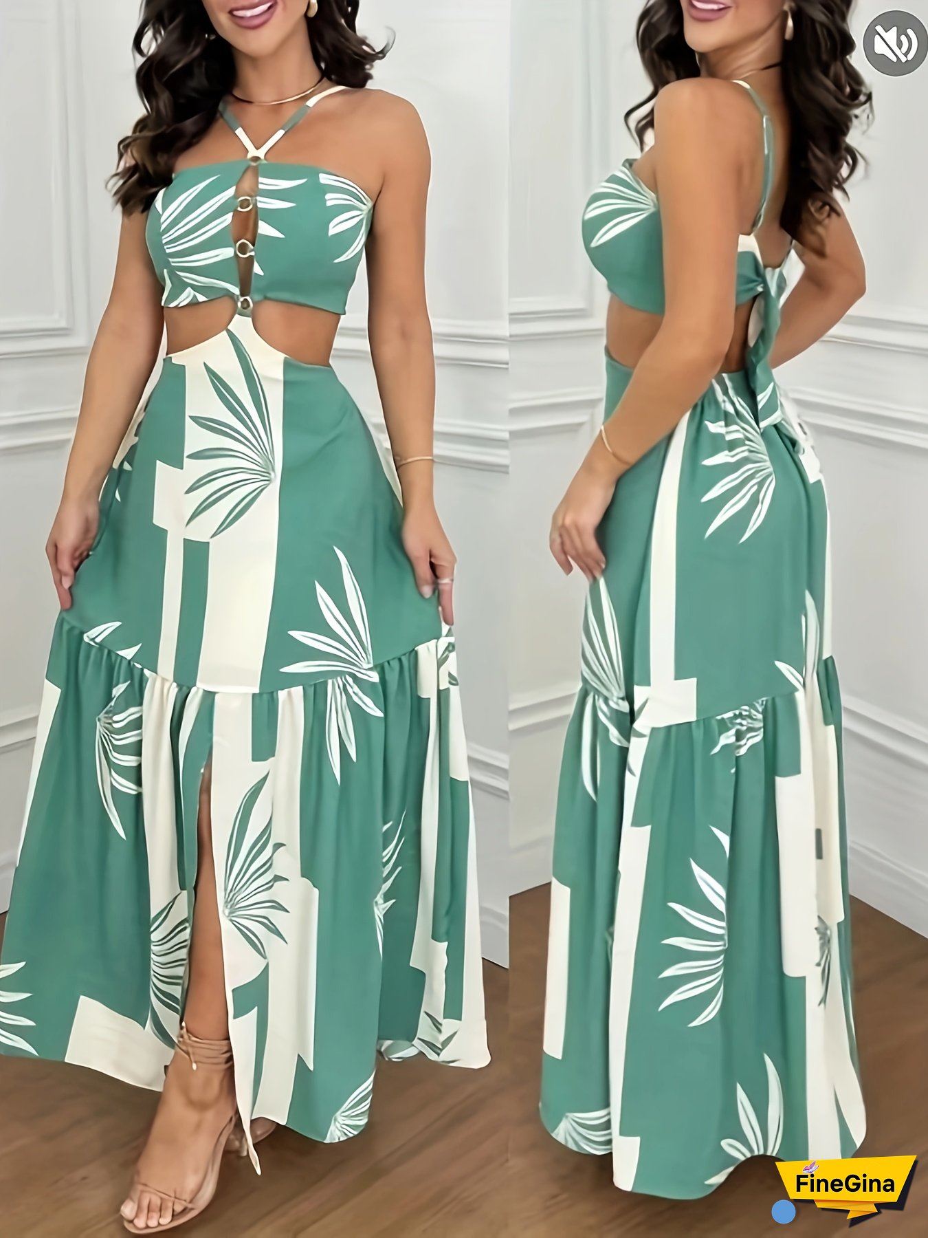 [Tropical Dress] Tropical Leaf Print A-Line Dress | Women's Open Back Thin Strap with Slit - Machine Washable Resort Vacation Party Wear, All-Season Elegant Evening Outfits, Beach Dress