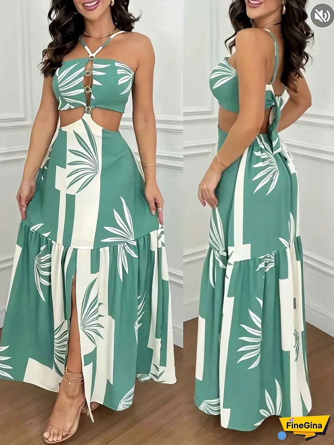 [Tropical Dress] Tropical Leaf Print A-Line Dress | Women's Open Back Thin Strap with Slit - Machine Washable Resort Vacation Party Wear, All-Season Elegant Evening Outfits, Beach Dress