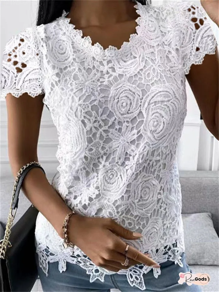 Spring Summer Lace Women Round Neck Decorative Lace Lace Short Sleeve Blouses