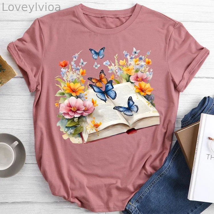 Butterfly Flower Book Round Neck T-shirt-0019664