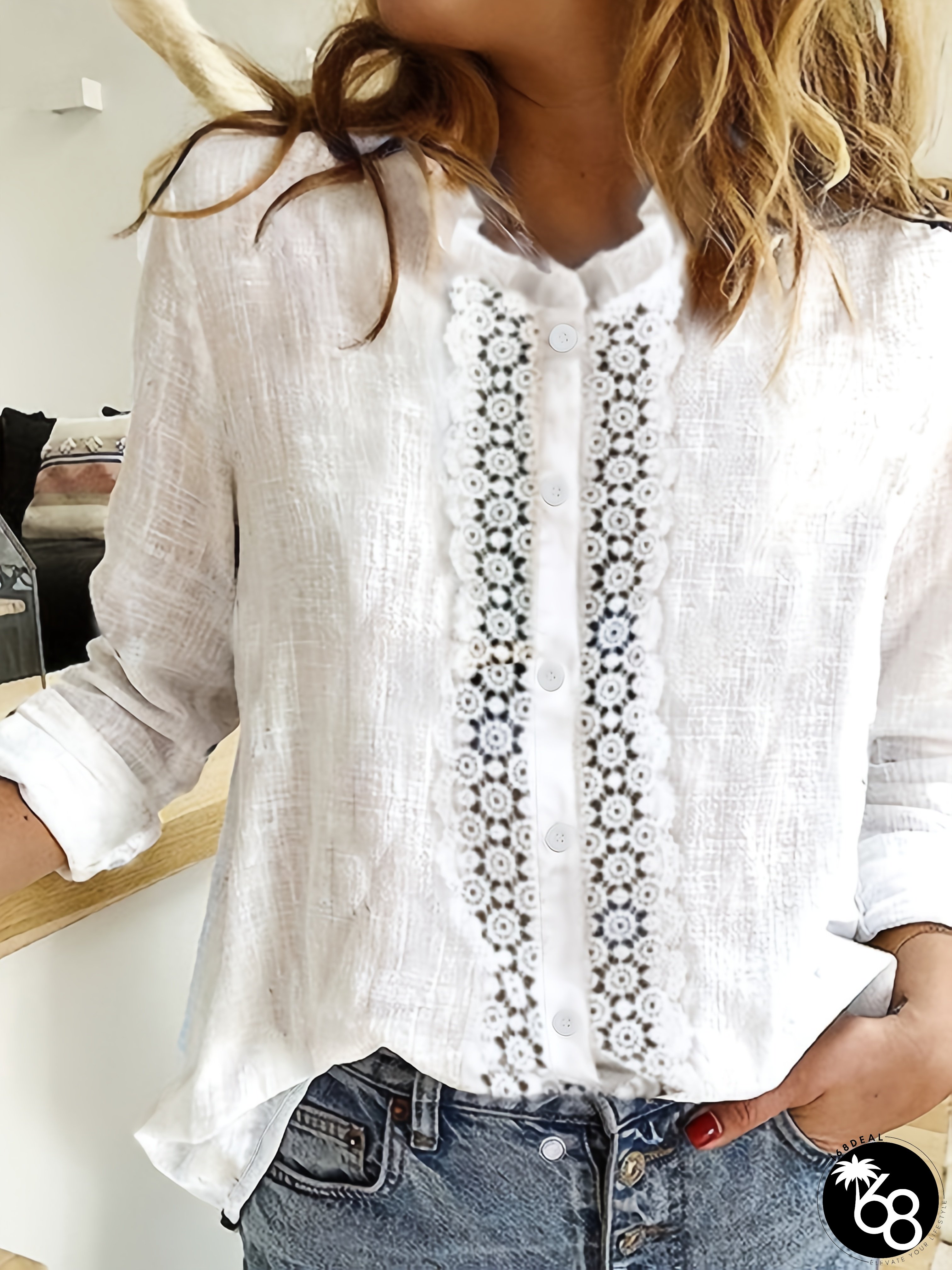 Womens Elegant Contrast Lace Panel Long Sleeve Blouse Loose Fit Round-neck Semi-Sheer | 168DEAL