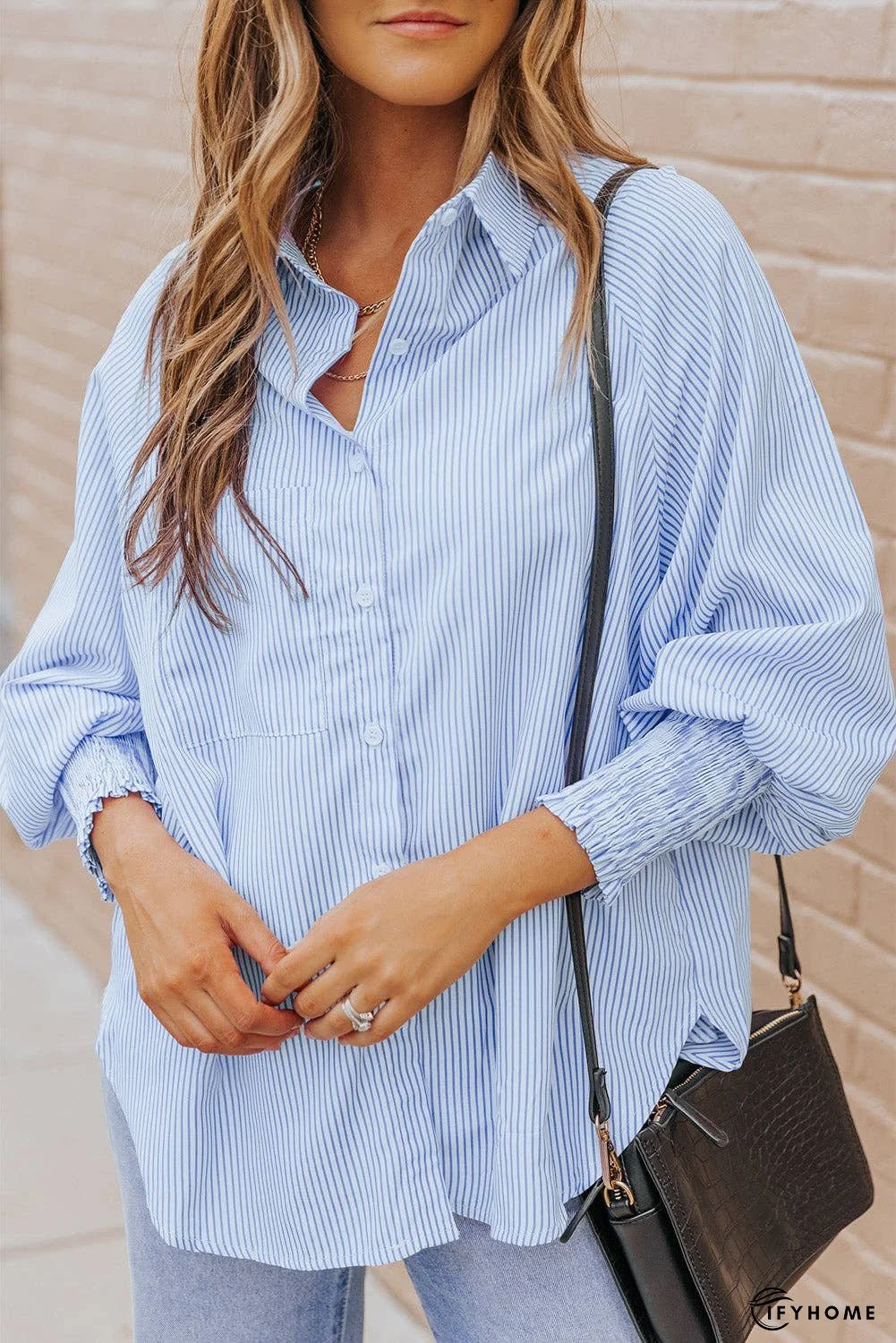 Striped Lantern Sleeve Collared Shirt | IFYHOME