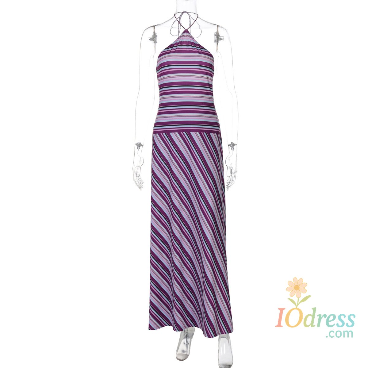 IO Dress Mozision Striped Halter Print Sexy Maxi Dress For Women Off-shoulder Sleeveless Backless Lace-up Patchwork Fashion Holiday Dress IO Dress