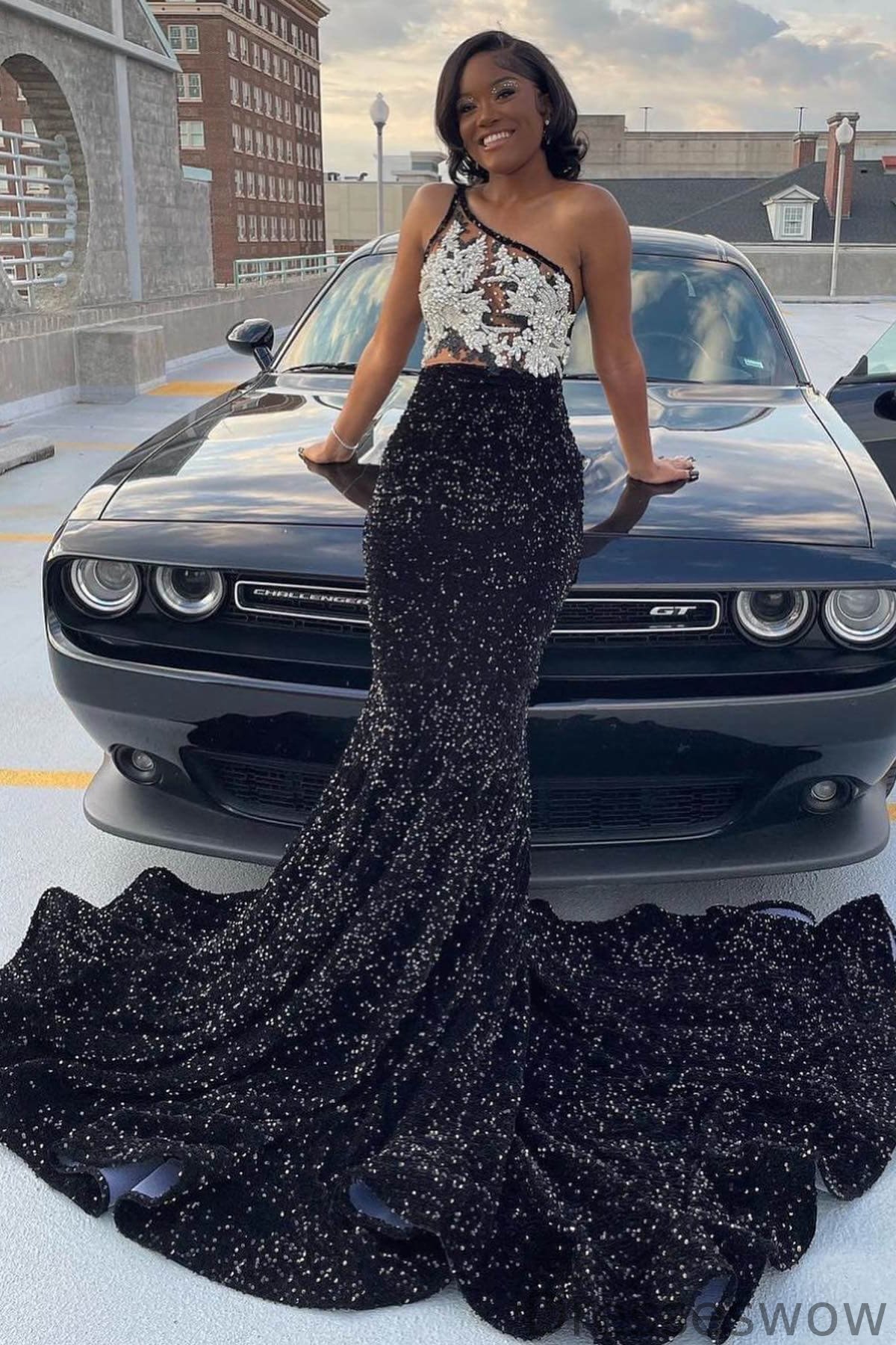 Dresseswow Black One Shoulder Sleeveless Mermaid Ball Dress With Sequins Beadings