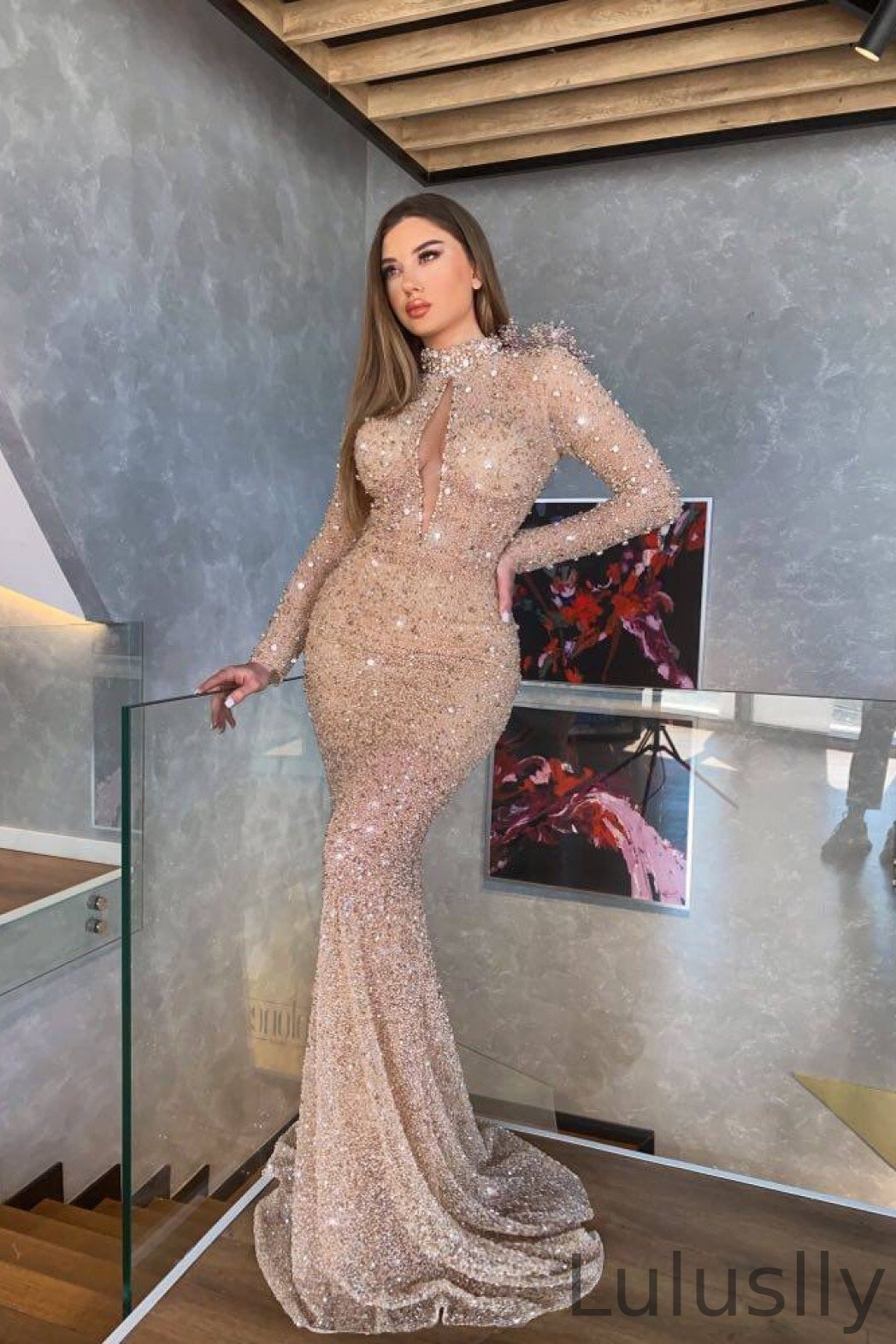 Luluslly Long Sleeves High Neck Prom Dress Keyhole Mermaid With Sequins Beads