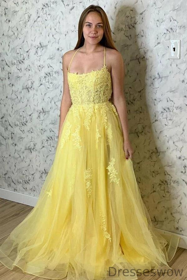 Dresseswow Yellow Spaghetti-Straps Lace Appliques Long Evening Dress