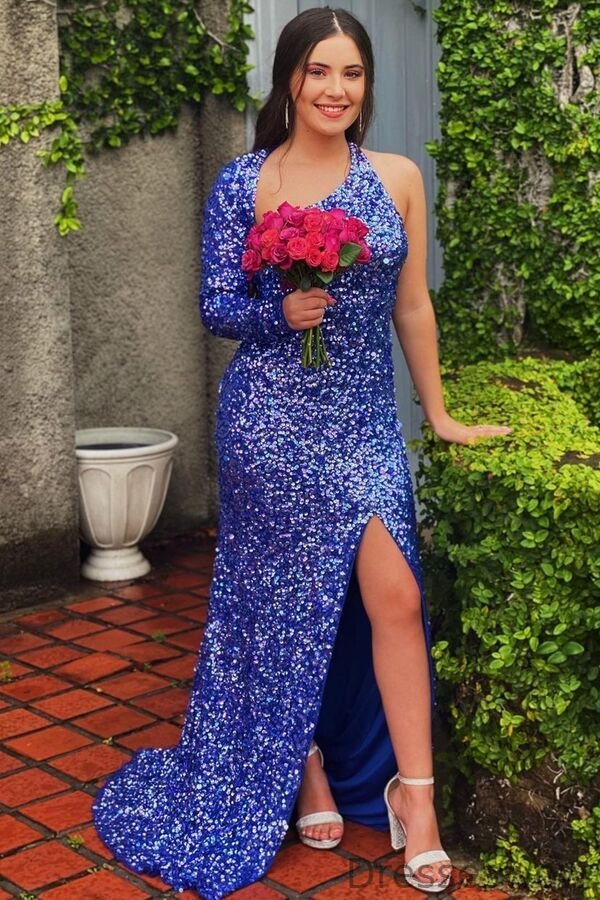 Dresseswow One Shoulder Long Sleeves Prom Dress Sequins Mermaid Slit Blue