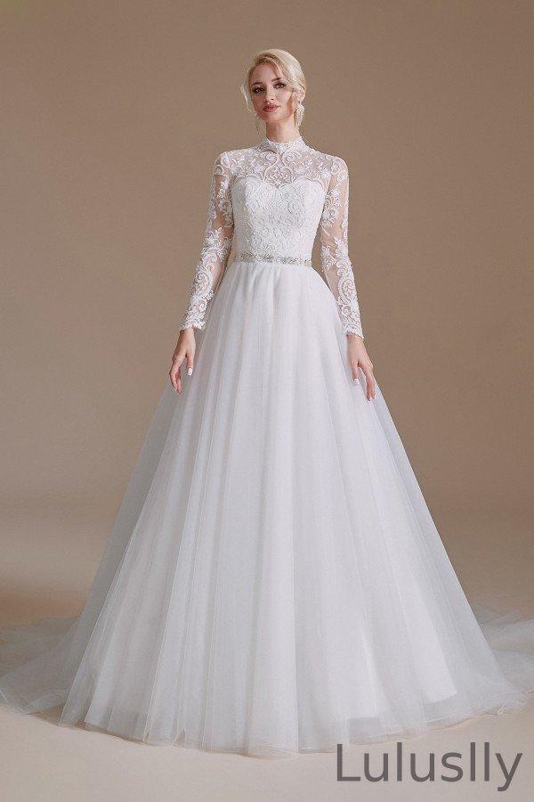 Luluslly Fabulous High Neck Long Sleeves Wedding Dress With Tulle Lace