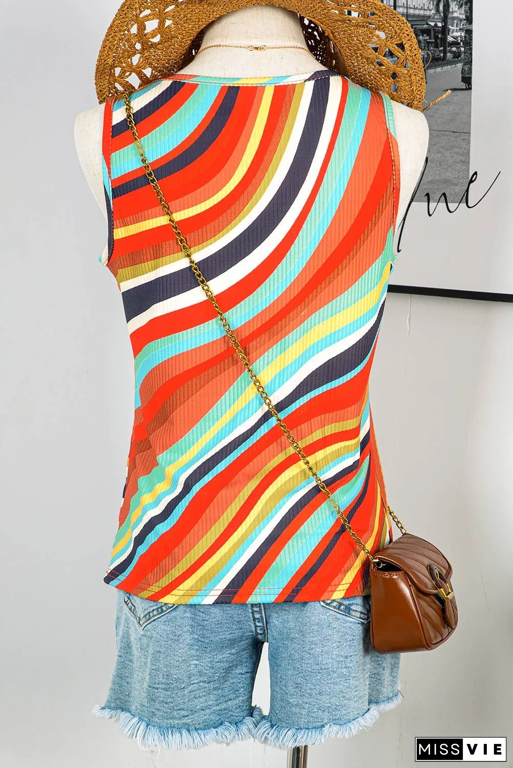 Fashion-W Striped Buttons V Neck Tank Top*S-XL