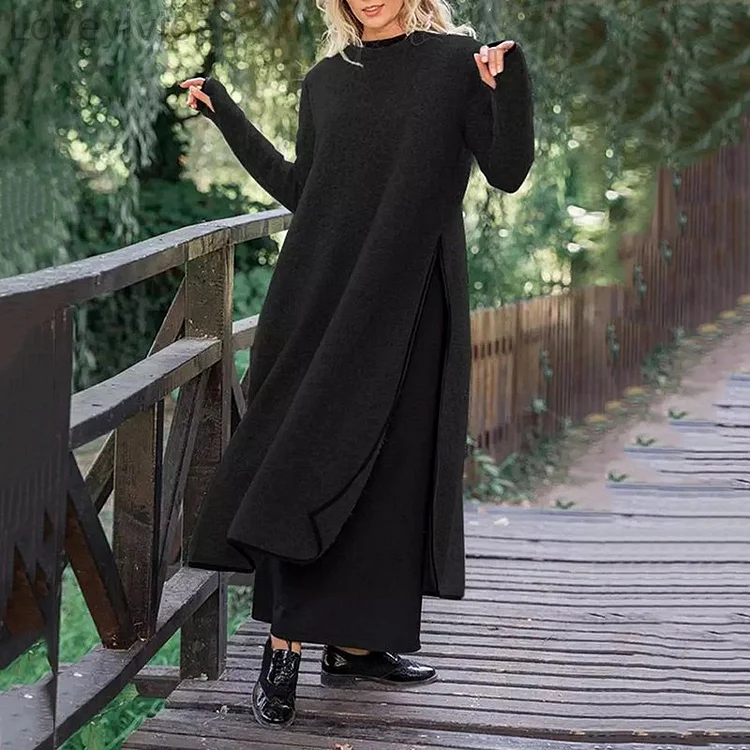Solid Color Long Sleeve Casual Slit Midi Dress