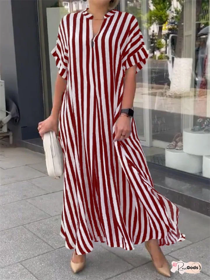 Hot Spring and Summer New Women's Sleeves Striped Plaid Print Loose Waist V-neck Open Large Hem Long OL Commuter Dresses
