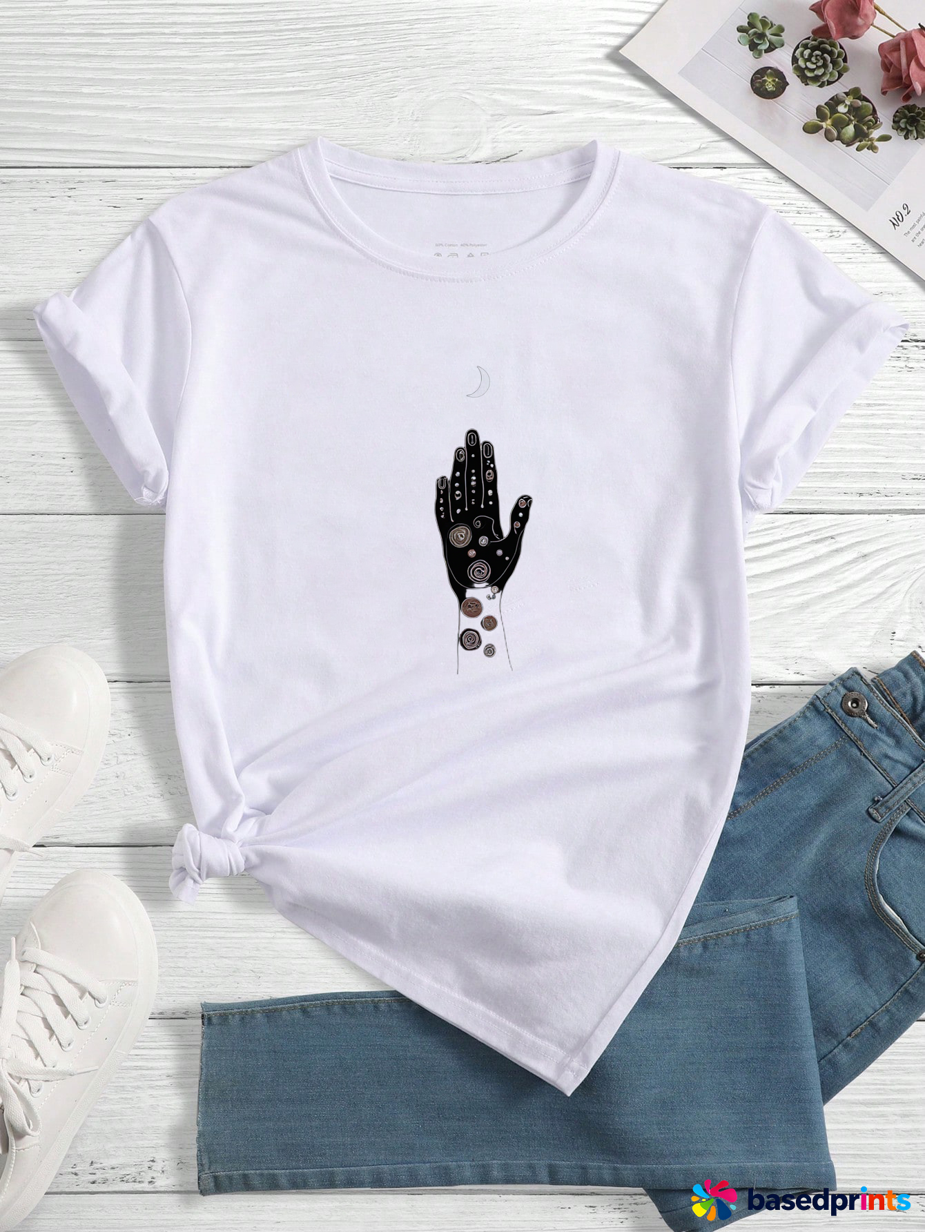 White Short Sleeve Hand Print T-Shirt Women Casual Cotton Tops