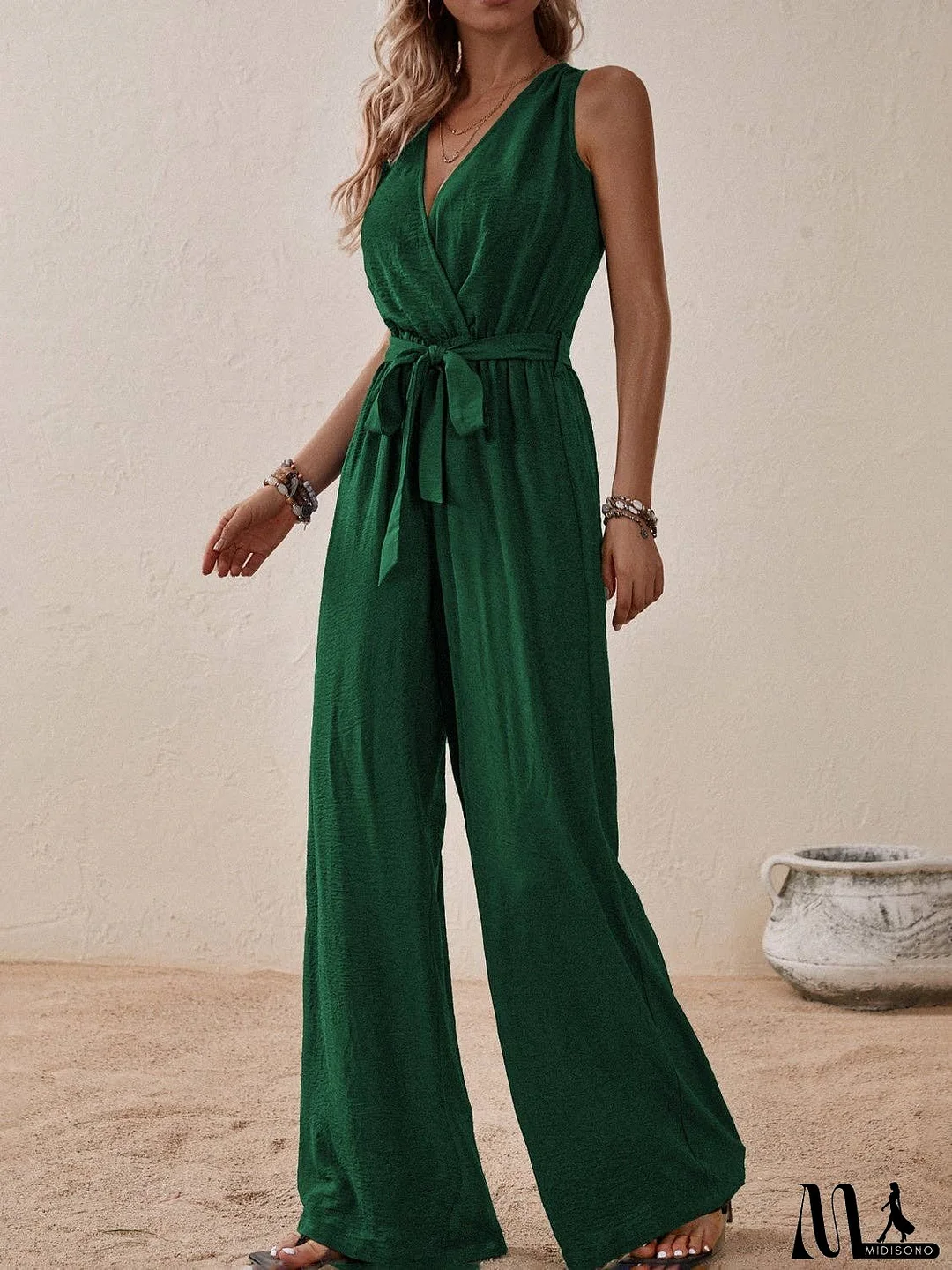 Tied Surplice Sleeveless Wide Leg Jumpsuit