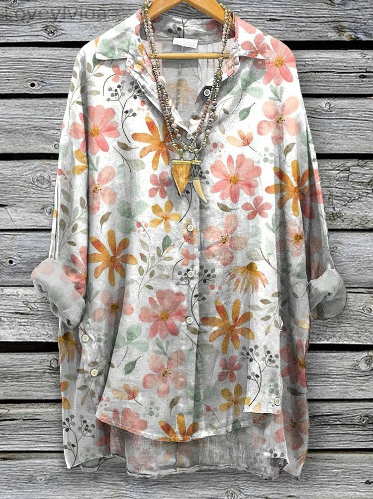 Women's Classic Flowers Spring Floral Print Casual Cotton And Linen Shirt