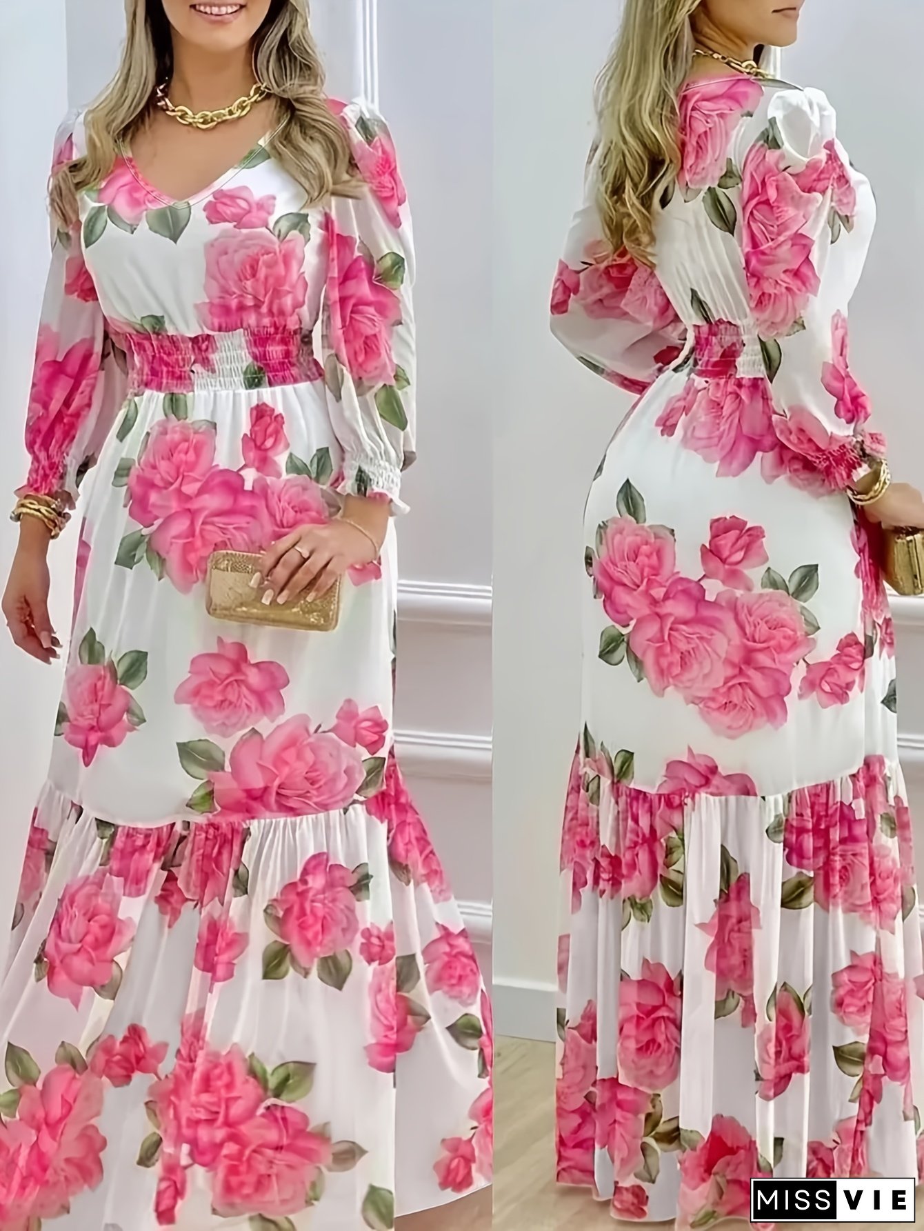 Women's Elegant Floral Print Maxi Dress With V-Neck, Long Sleeves, And Ruffled Detail - Perfect For Spring And Fall, Casual To Formal Attire, Casual Attire|Floral Print Dress|Ruffled Hemline, Floral Dress