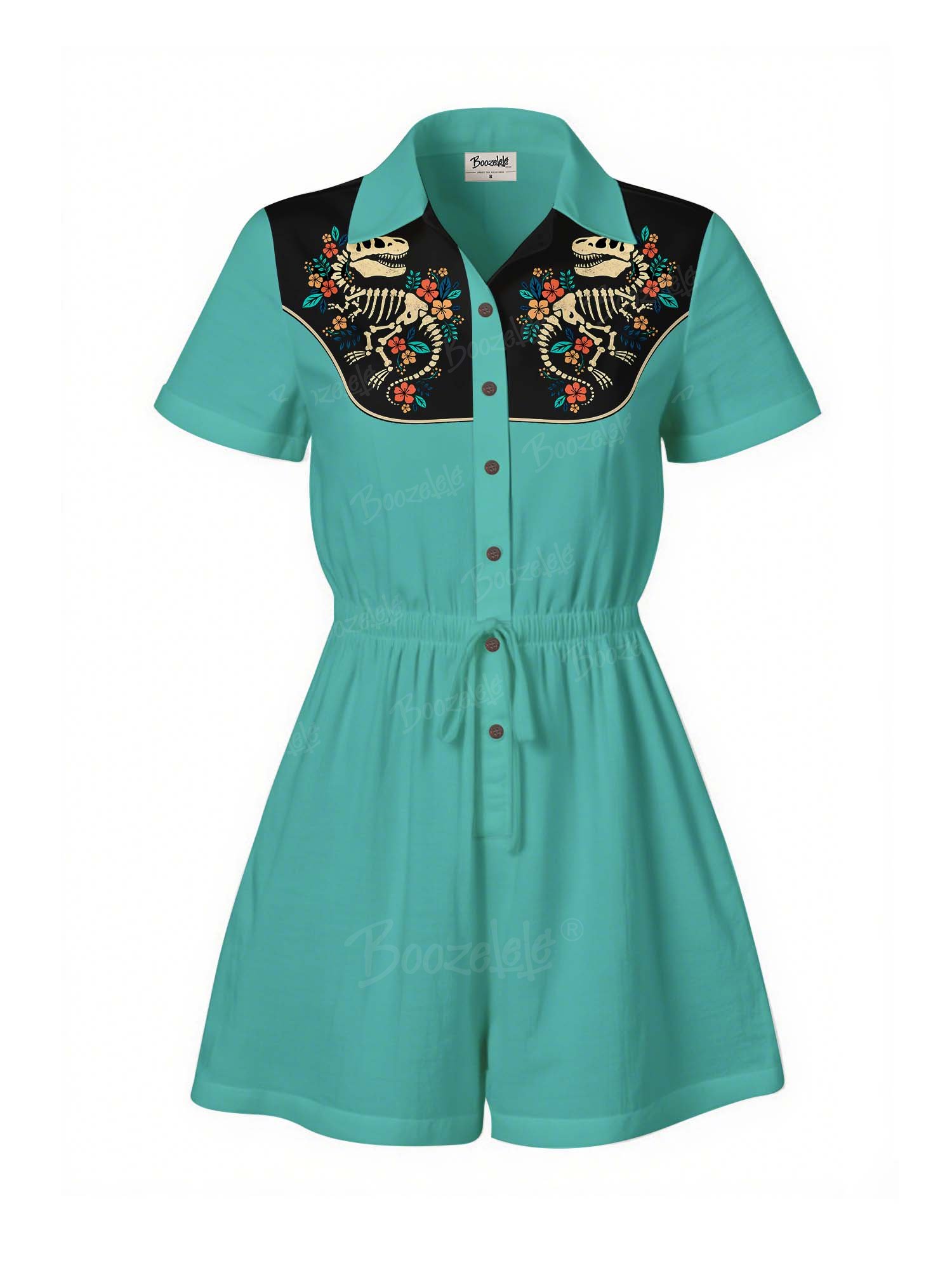 Flowers And Dinosaur Skeleton - 100% Cotton Pocket Jumpsuit
