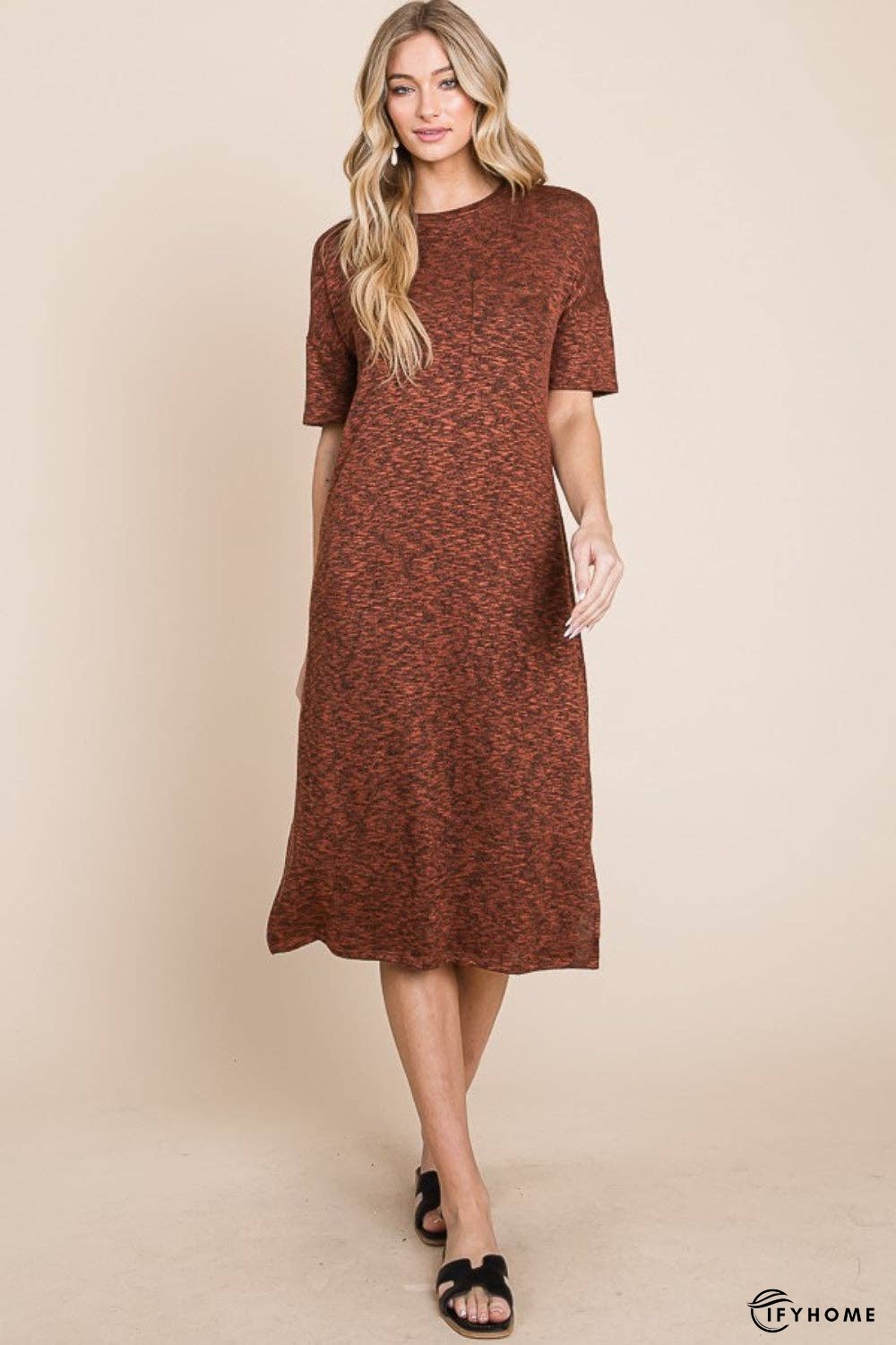 BOMBOM Round Neck Side Slit Midi Dress | IFYHOME