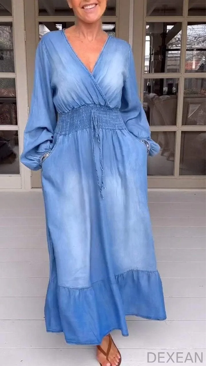 V-neck Long-sleeved Washed Denim Dress