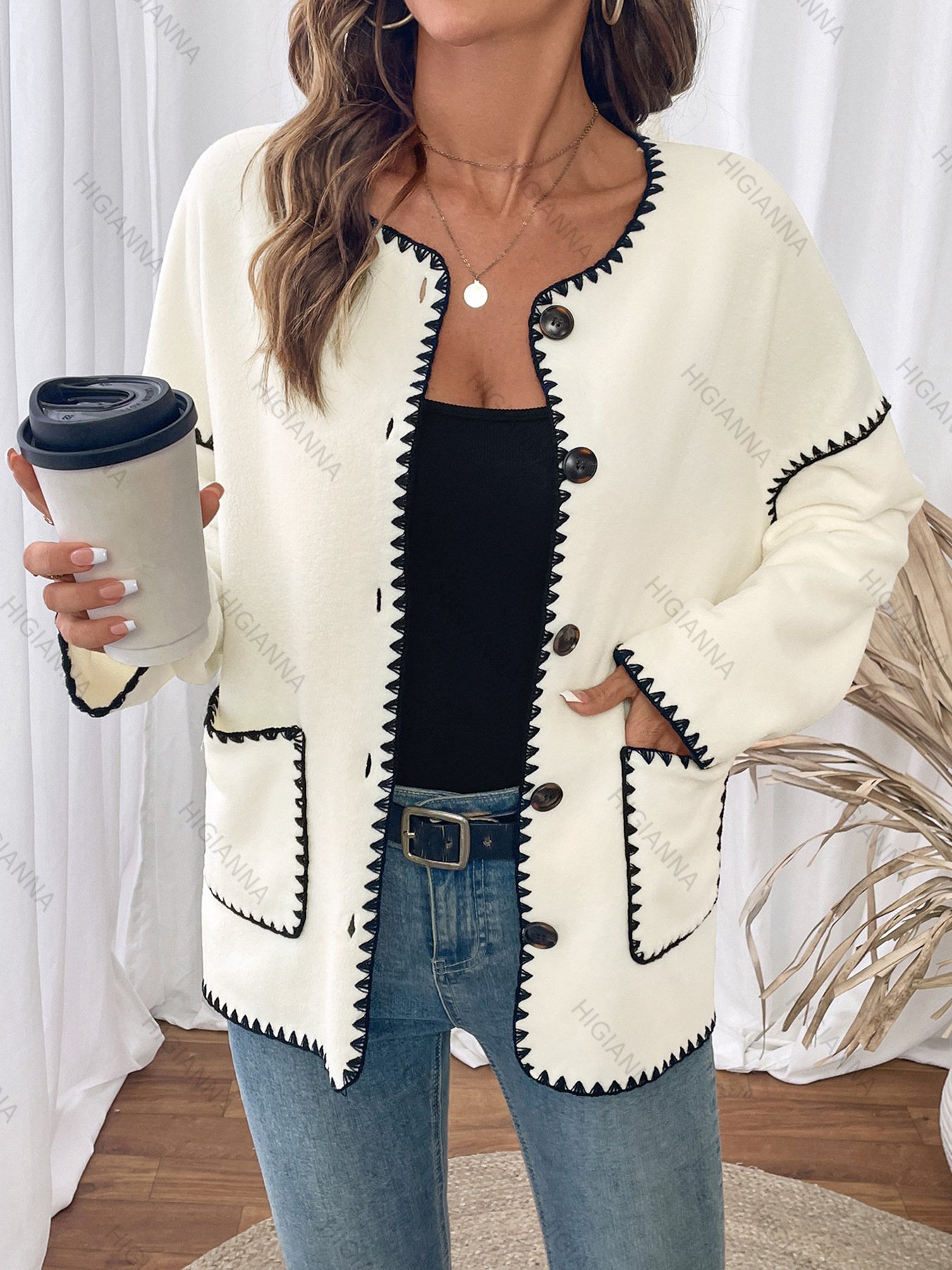Contrast Trim Button Front Cardigan - HIGIANNA&reg;
