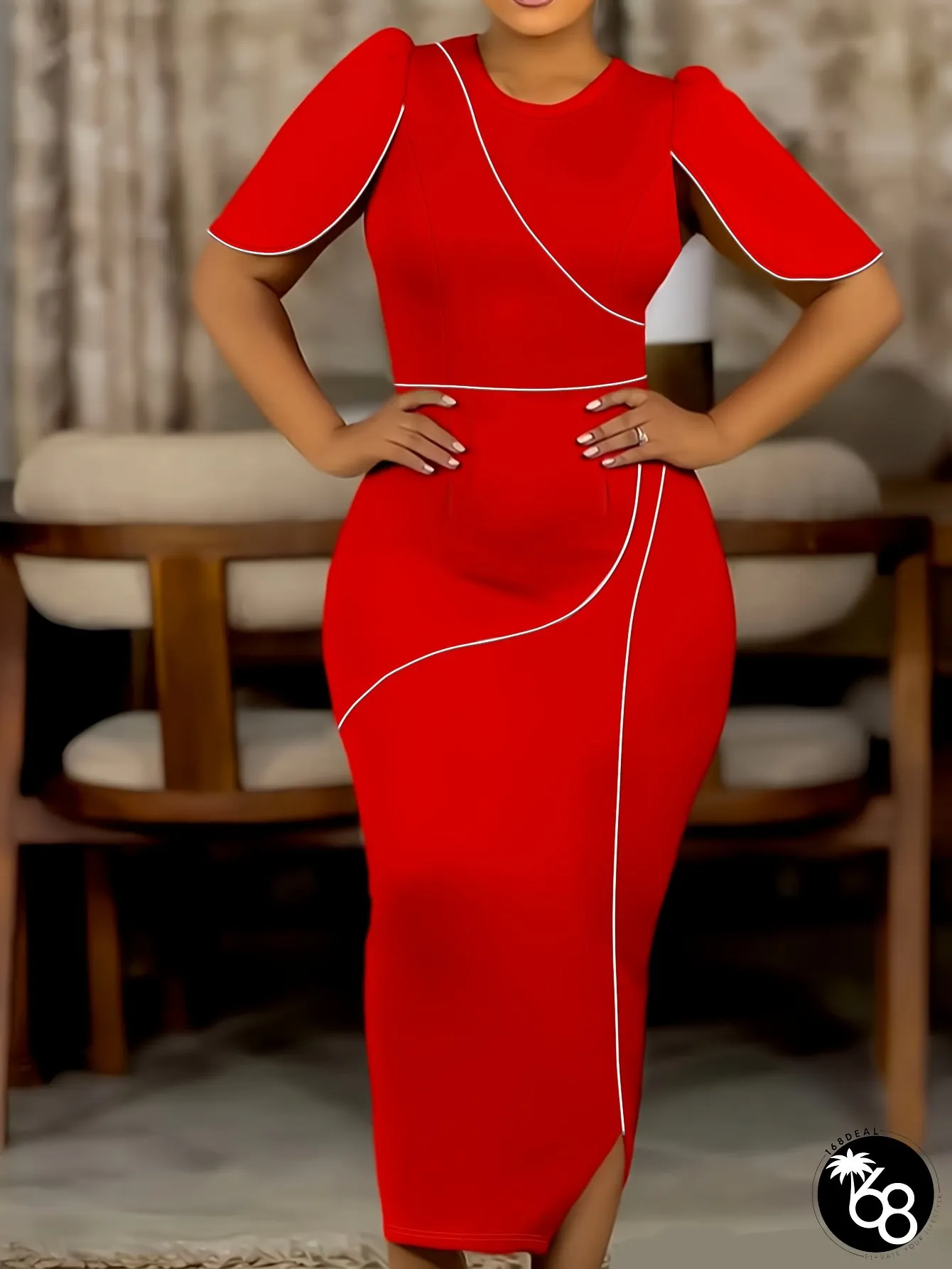 Plus Size Elegant Red Bodycon Midi Dress with Asymmetrical Hem and Ruched Detail Crewneck | 168DEAL