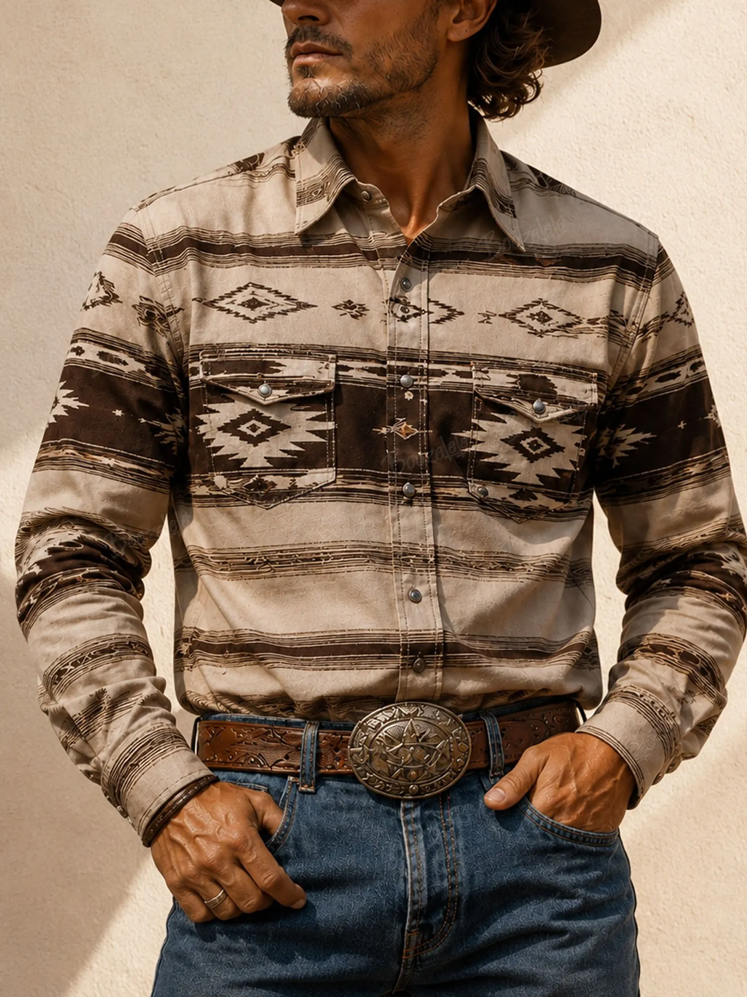 Perfect for an Outdoor Music Festival &mdash; Camel Sand Vintage Aztec Jacquard Heavy Distressed Brushed Men's Western Long-Sleeve Shirt-100% Cotton