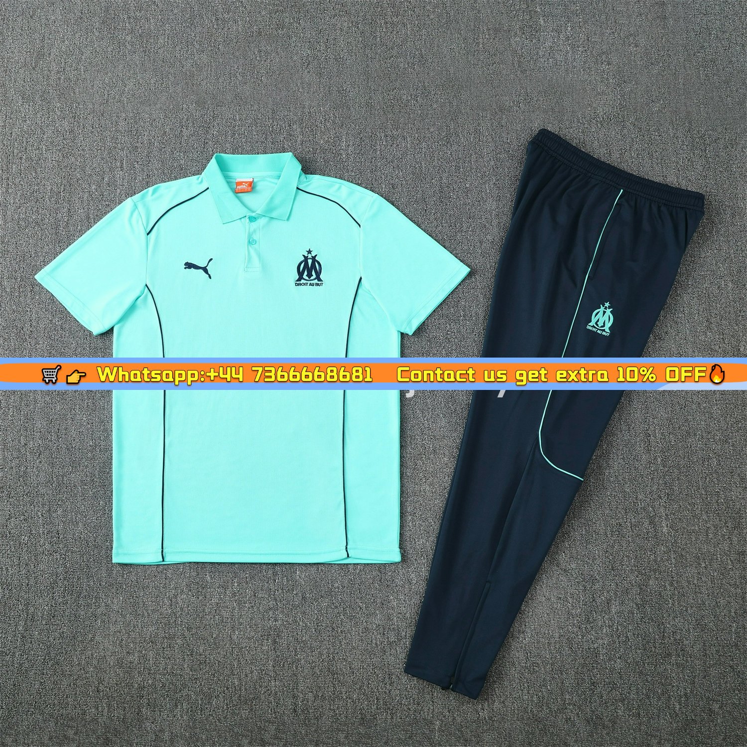 Marseille 25-26 POLO Short-Sleeve Training Set - Cyan Top and Deep Blue Pants