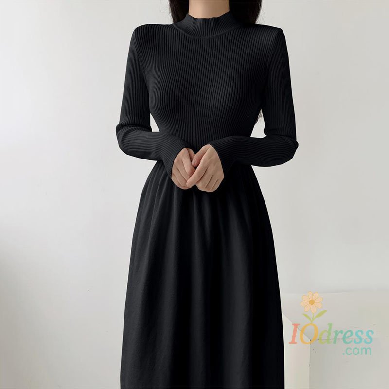 IO Dress Autumn Winter Women Knitted Dress All-Match Simple Solid Half-High Collar Long Dresses Woman Korean Chic High Waist A-Line Dress