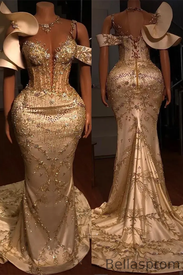 Lululslly Gold Mermaid Evening Dress With Beadings Long Off-the-Shoulder Bellasprom