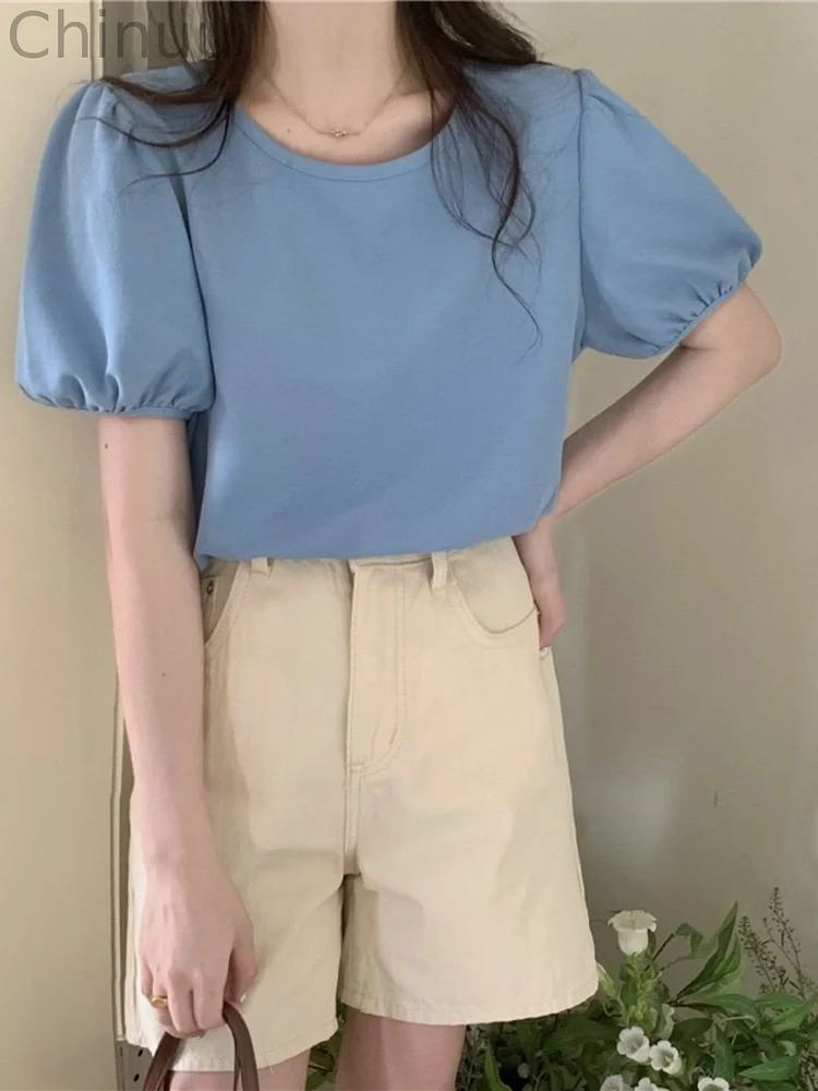 Round Neck Lantern Sleeve Short Sleeve Top - Blue