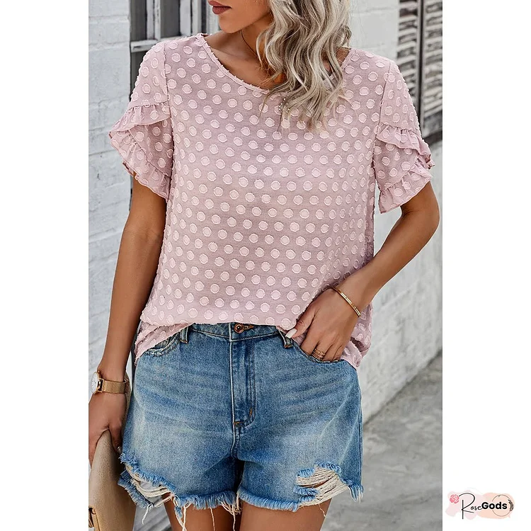 Swiss Dot Round Neck Ruffle Loose Solid Top