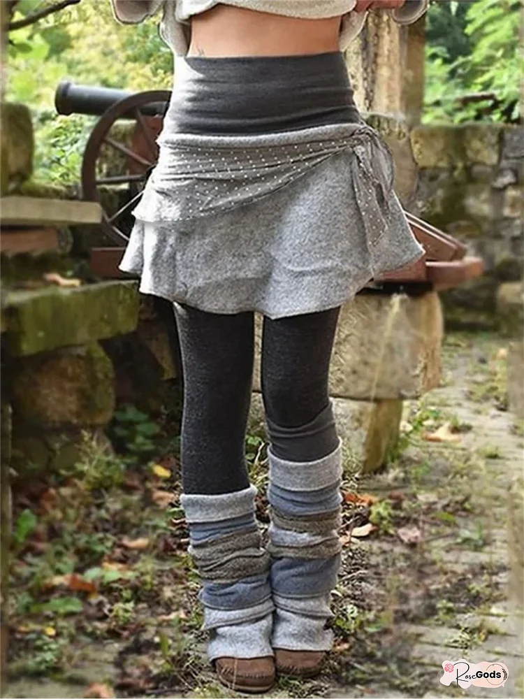 SINHOON Women's Boho Layered Skirt & Leg Warmers Set - Brown Fleece Ethnic /Gypsy Outfit, Slim-Fit Asymmetrical Hem Festival Dress with Matching Warmers