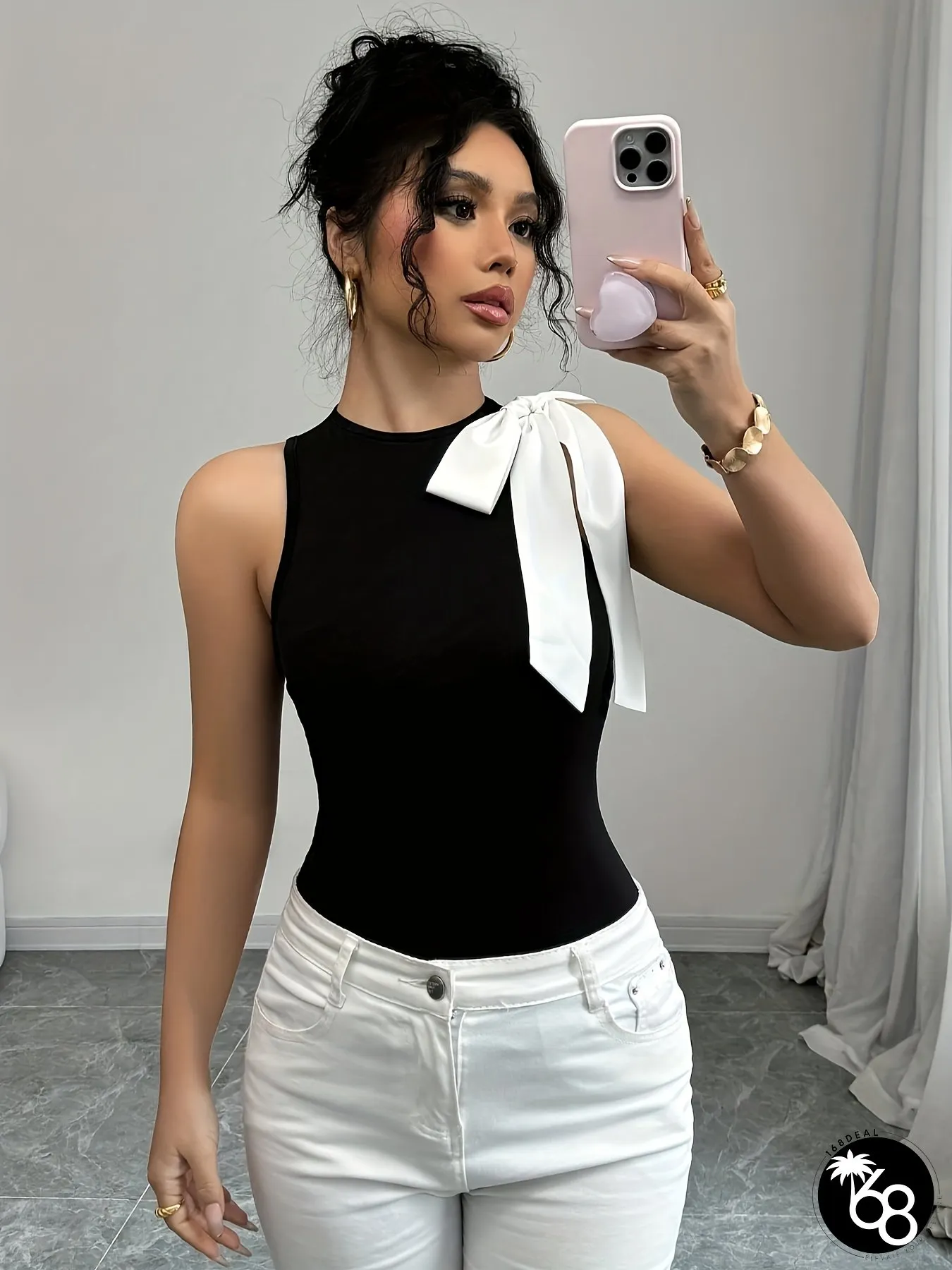 Elegant Womens White Puff Sleeve Blouse Round-neck Solid Black Top with Collar Bow Accent | 168DEAL