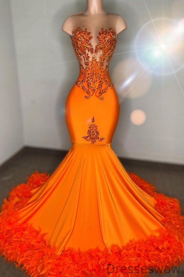 Dresseswow Orange Sleeveless Prom Dress Mermaid Sleeveless With Beads Feather