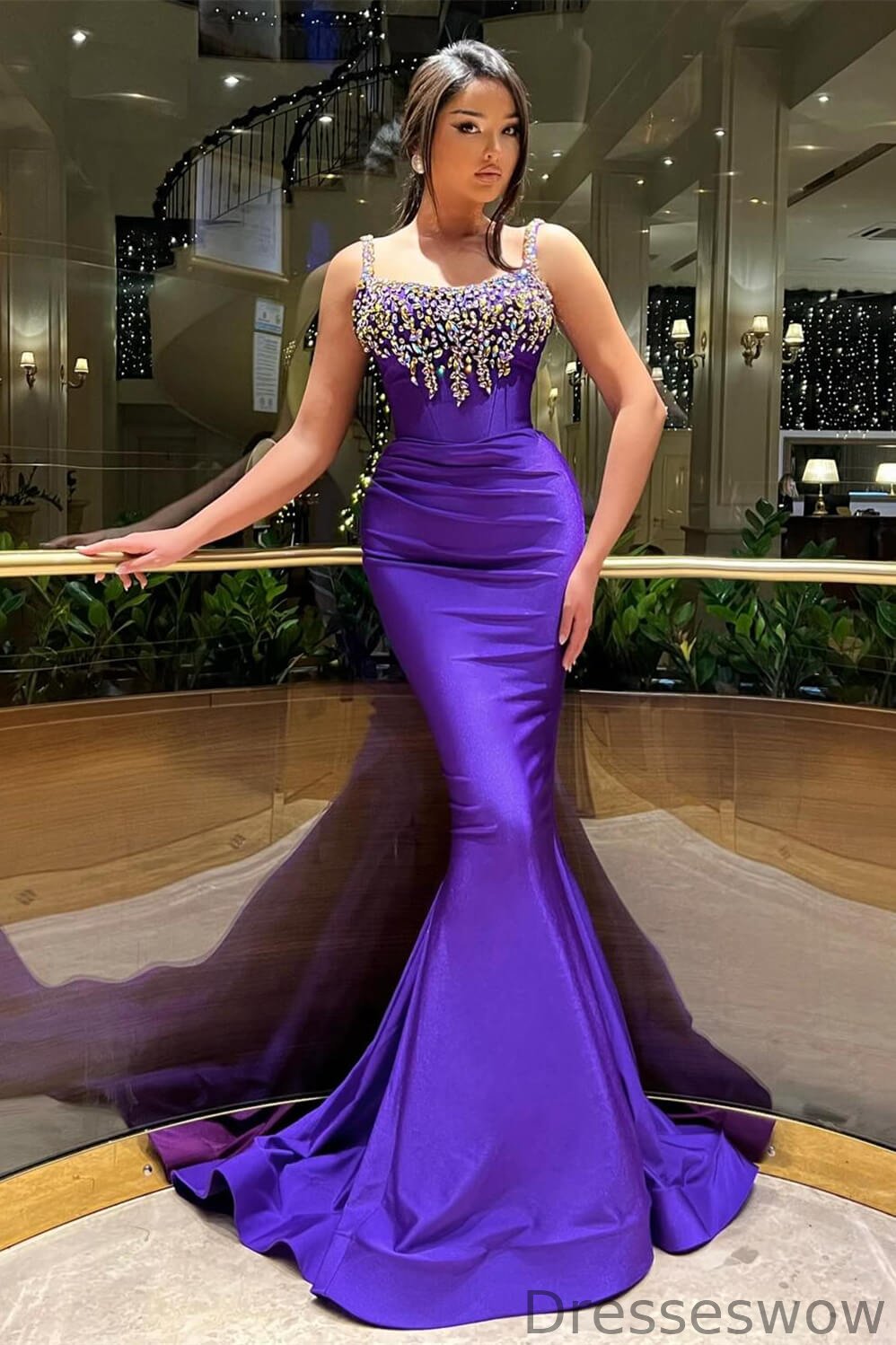 Dresseswow Purple Square Sleeveless Mermaid Evening Dress With Crystals Online