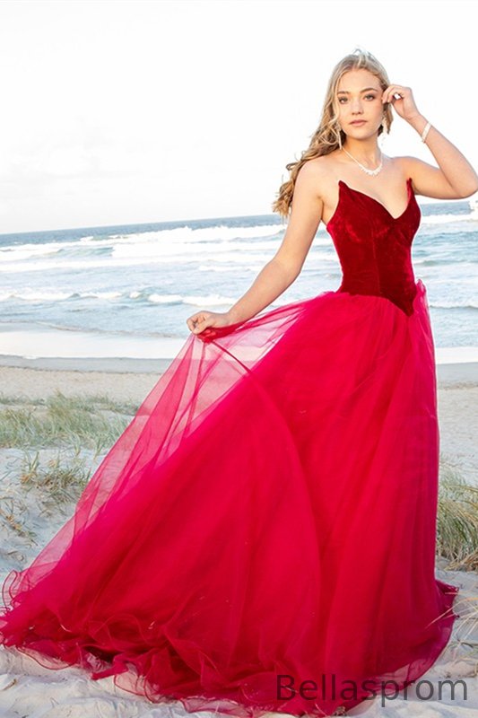 Bellasprom Burgundy Tulle Prom Dress Velvet Top V-Neck Bellasprom