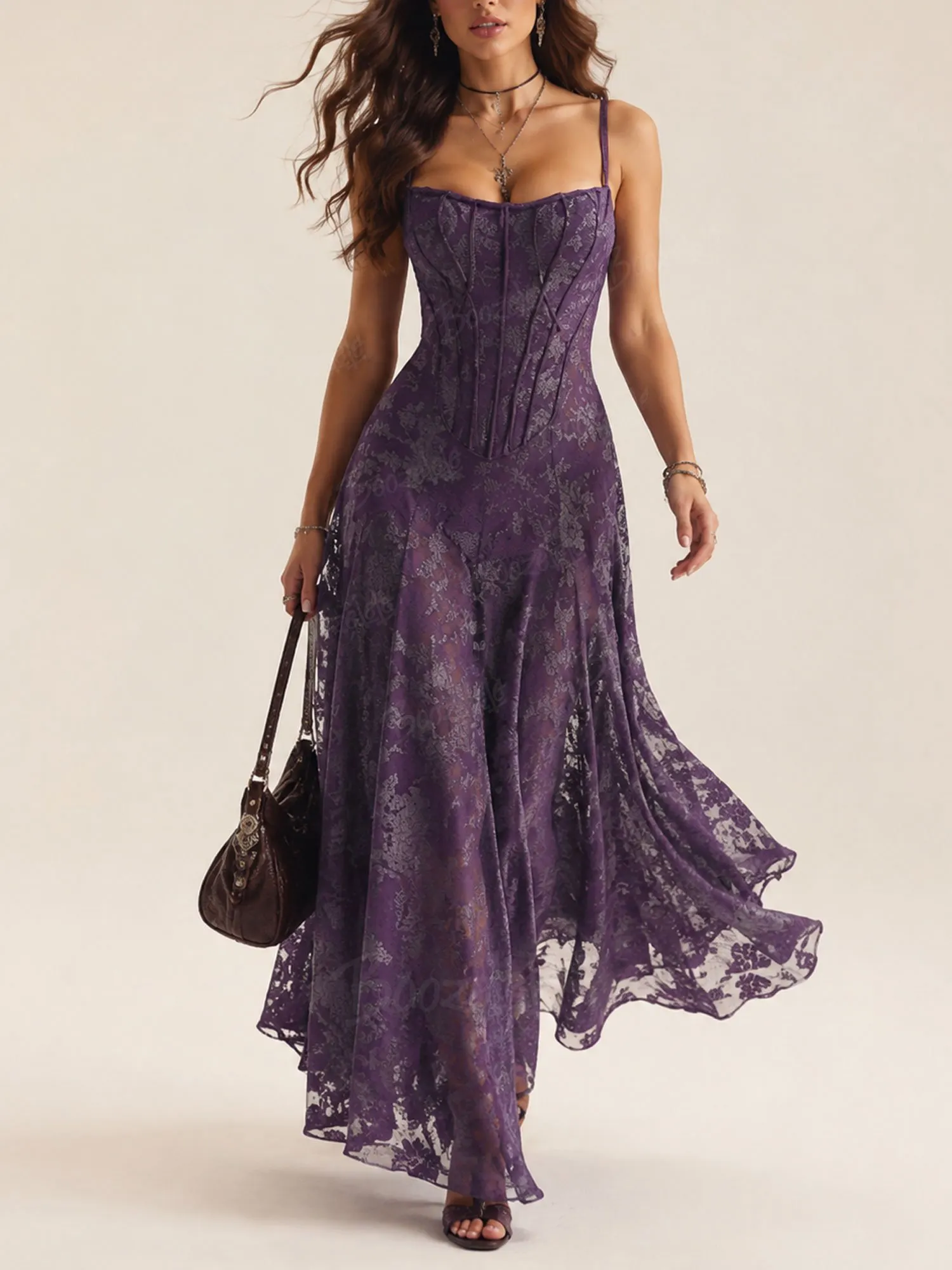 Perfect for a Western Ranch Gala &mdash; Deep Purple Lace 2026 Spring/Autumn Women&rsquo;s Corset Maxi Dress