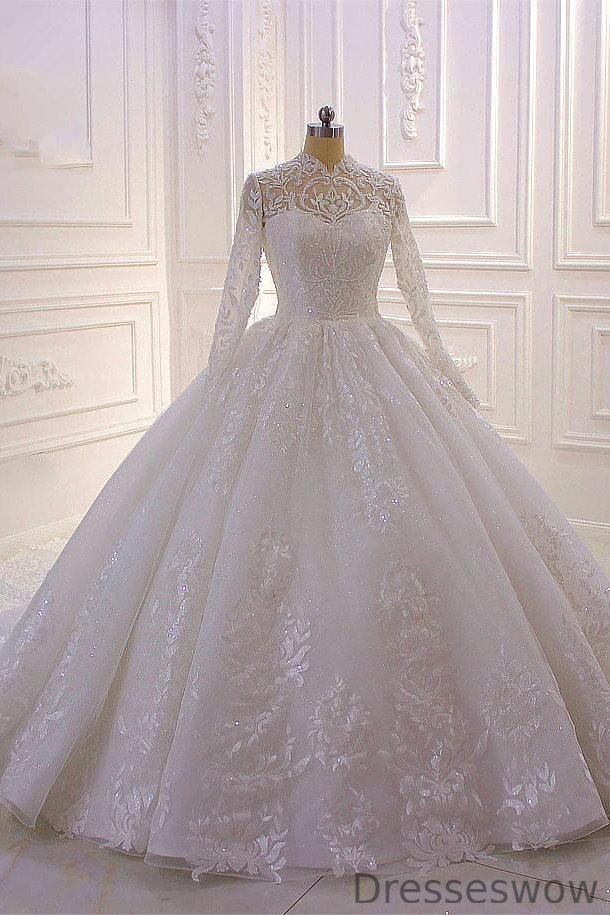 Dresseswow High-neck Long Sleeves Ball Gown Ruffles Wedding Dresses With Lace Appliques