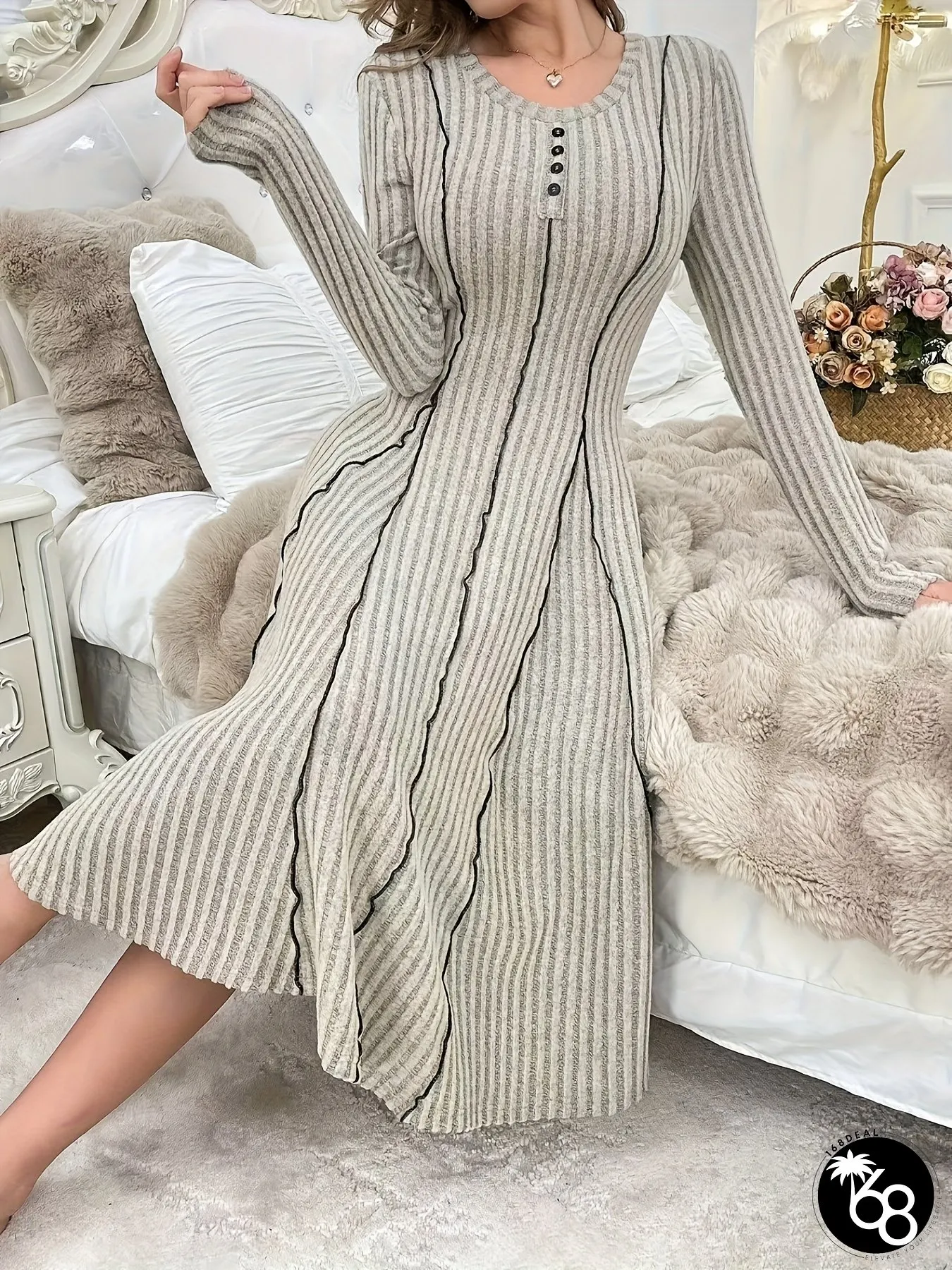Womens Long Sleeve Button-Up Dress Beige Ribbed Flared Hem Perfect For SpringFall Casual | 168DEAL