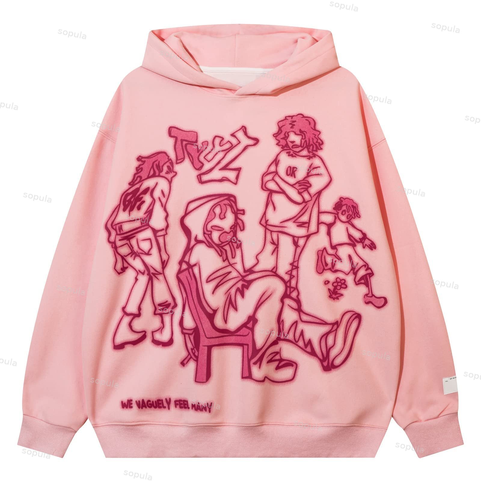 Sopula Pink Cartoon Line Character Print Pullover Hoodie