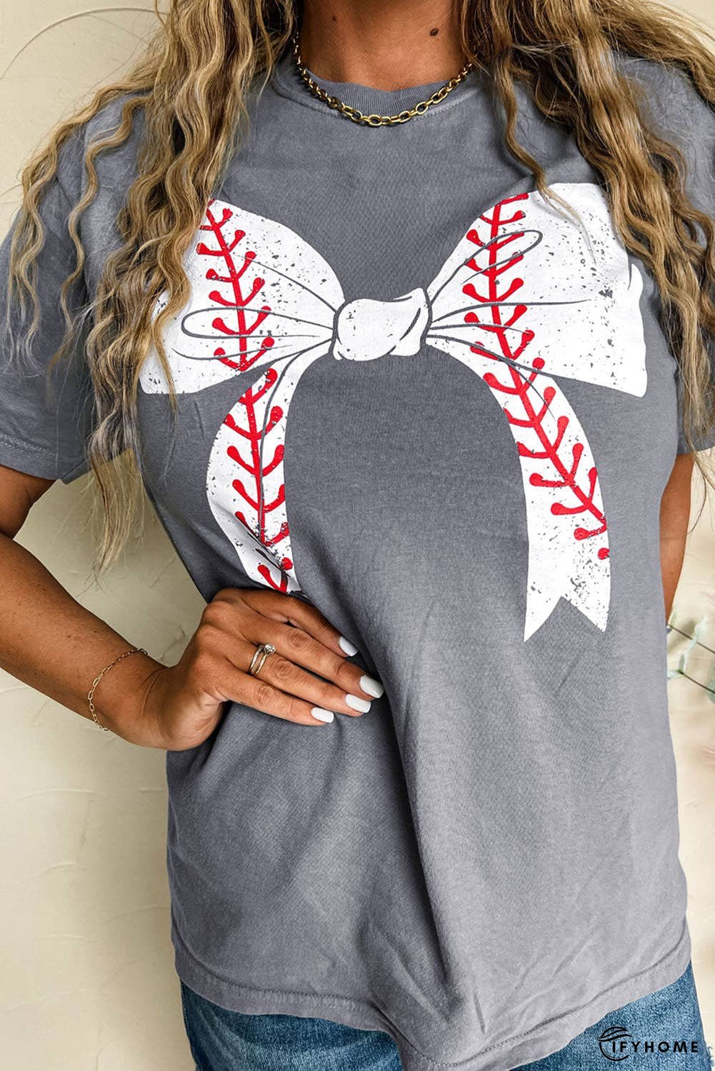 Black Baseball Bowknot Graphic Roll Up Sleeve Tee | IFYHOME