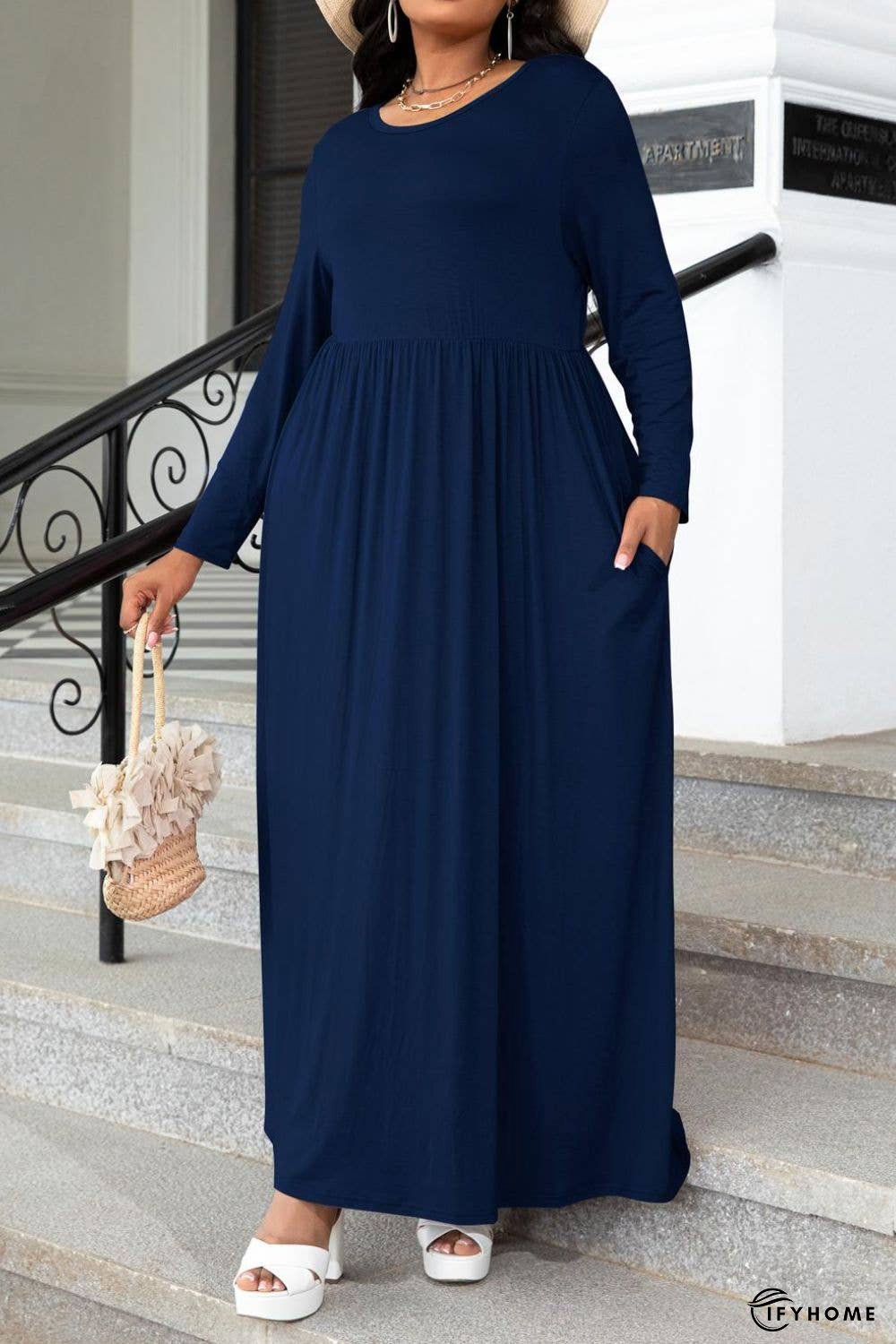 Plus Size Round Neck Long Sleeve Maxi Dress with Pockets | IFYHOME