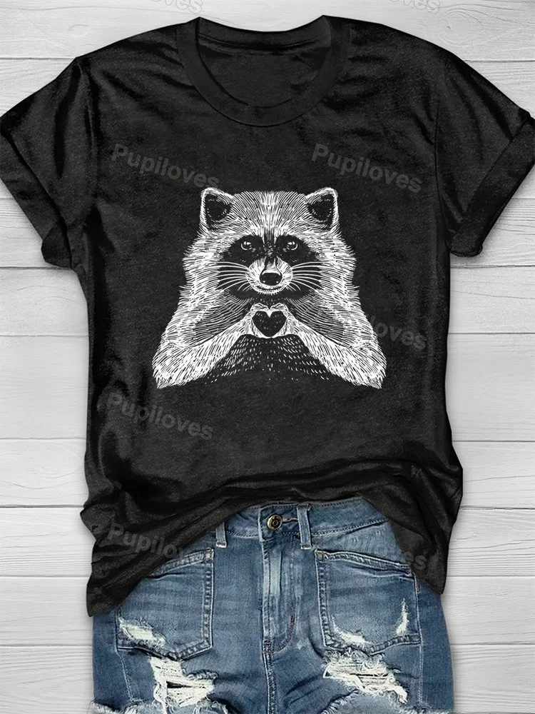 Pupiloves Pupiloves  Pupiloves    Raccoon Hand heart Printed T-shirt