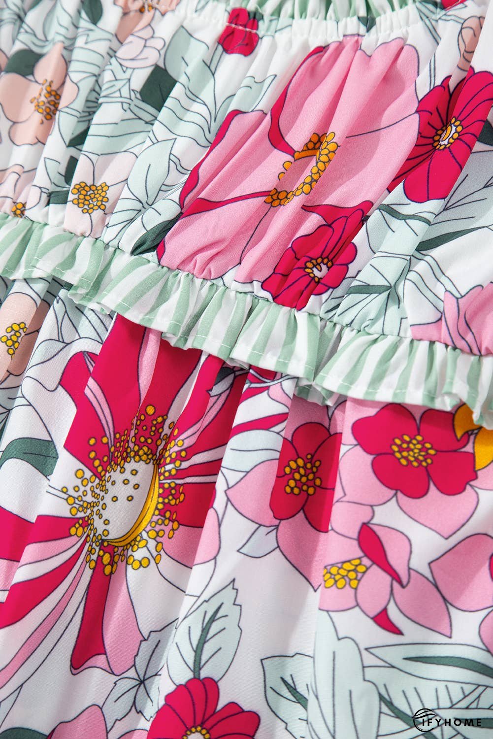 Floral Print Contrast Ruffle Trim Short Sleeve Blouse | IFYHOME