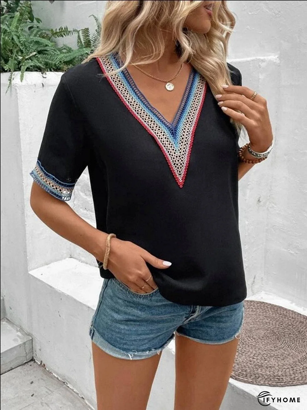 Full Size V-Neck Short Sleeve Blouse | IFYHOME